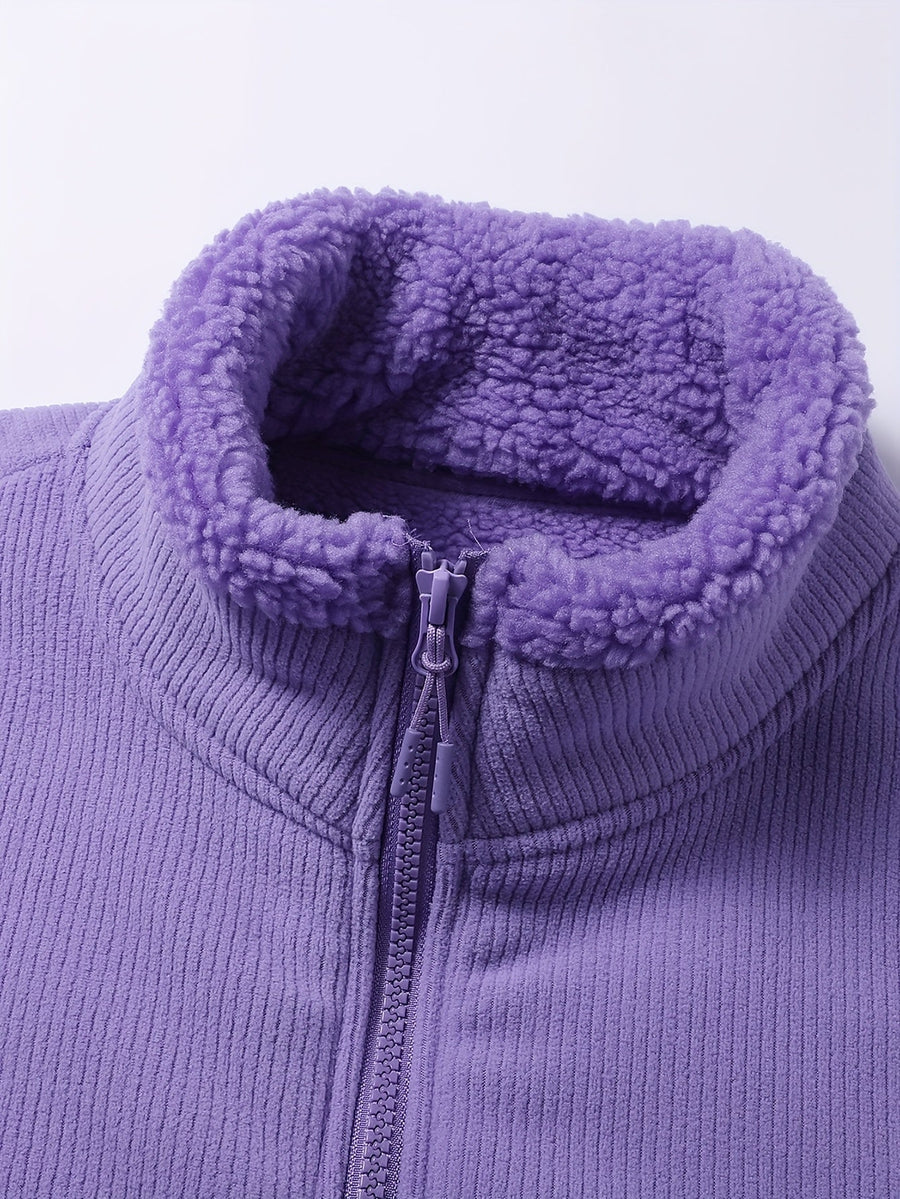 Unisex Ribbad Väst med Fleecefoder och Dragkedja, Fickor, Stående Krage