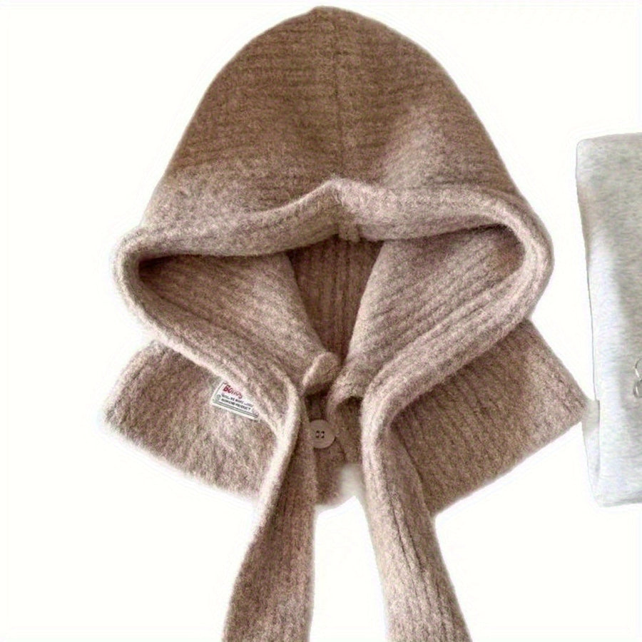 Stickad balaclava med huva och knappar i mjukt material