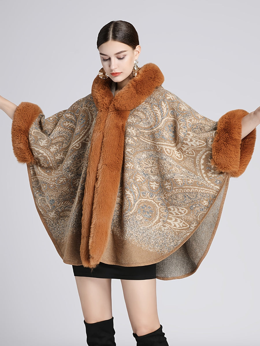Mönstrad Poncho med Fuskpälsdetaljer och Huva Brun