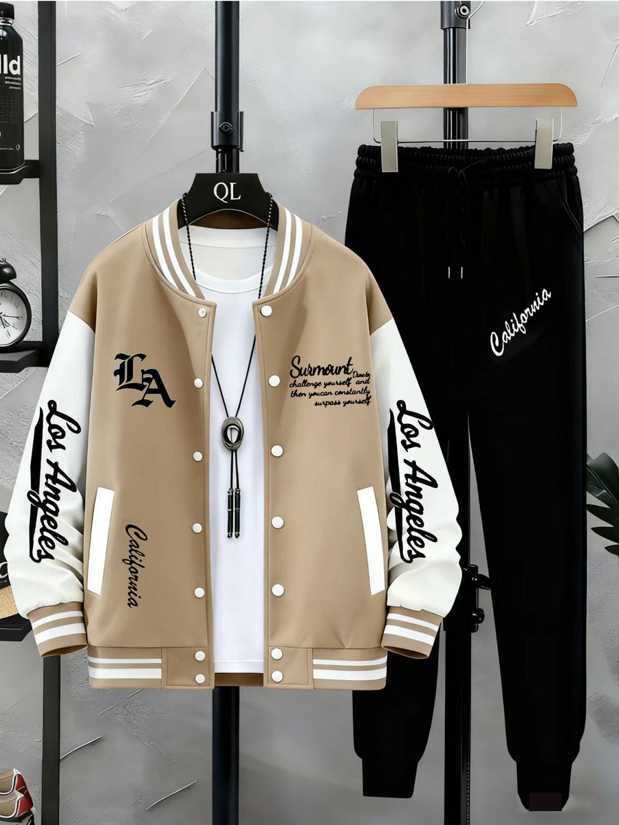 Unisex Varsity Träningsset med Tryck och Joggingbyxor, Tvåfärgad Jacka med Knappar