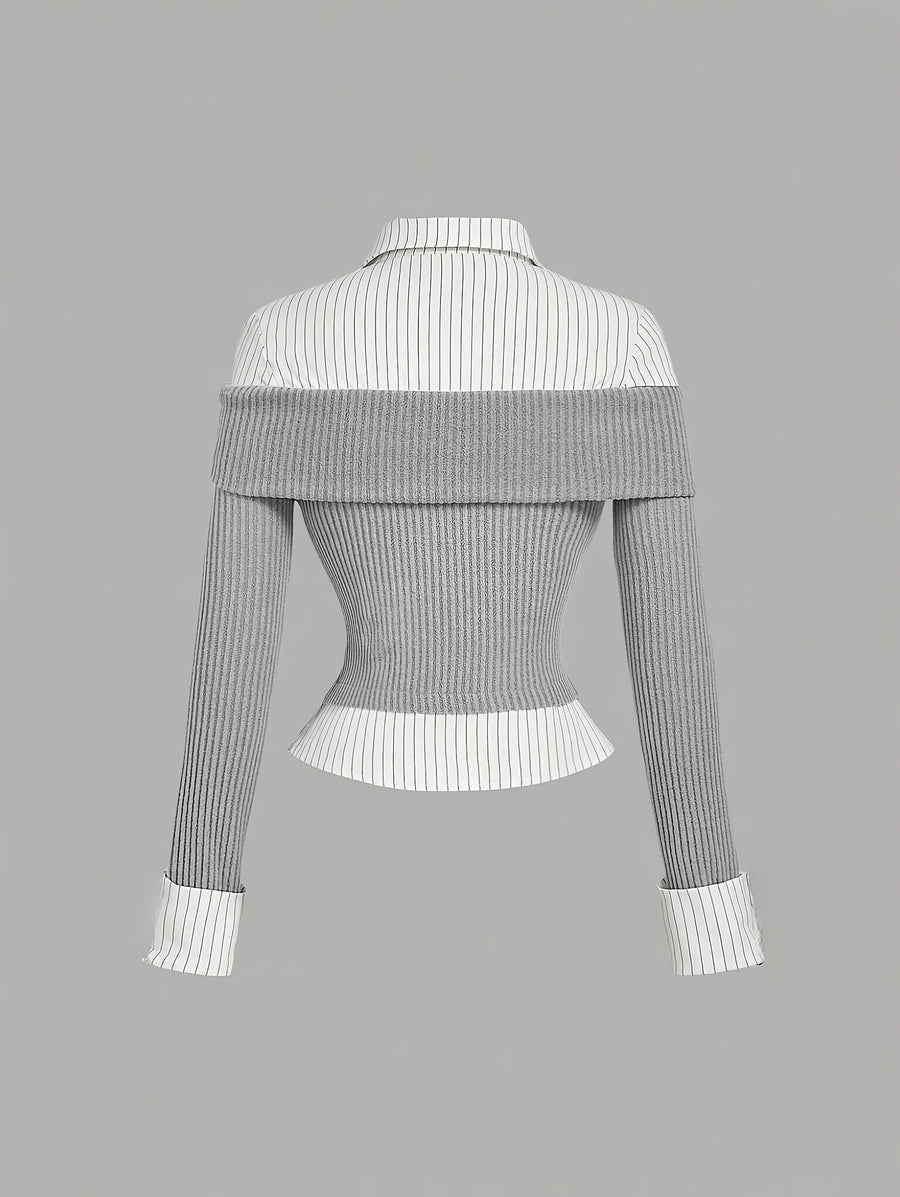 Grå Ribbstickad Topp med Randig Skjortdetalj och Axelbandslös Design