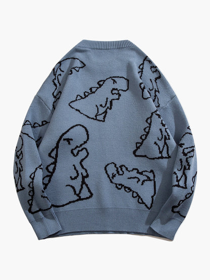 Herrtröja med tecknad dinosauriedesign, avslappnad streetwear för höst och vinter