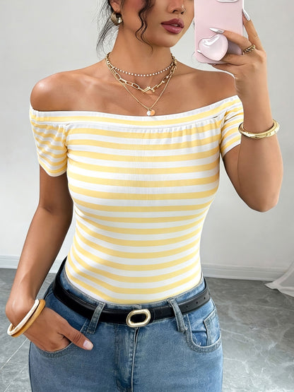Dam Off-Shoulder Randig Topp – Elegant Bardot Stil för Vardag och Fest