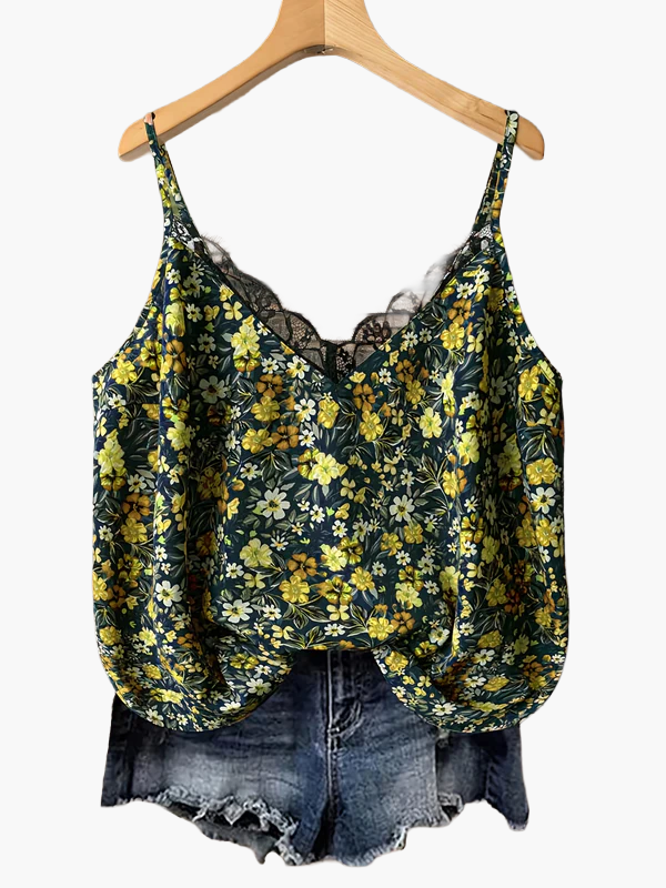 Damlinne med blommigt mönster och spetsdetalj – Somrig topp för casual stil