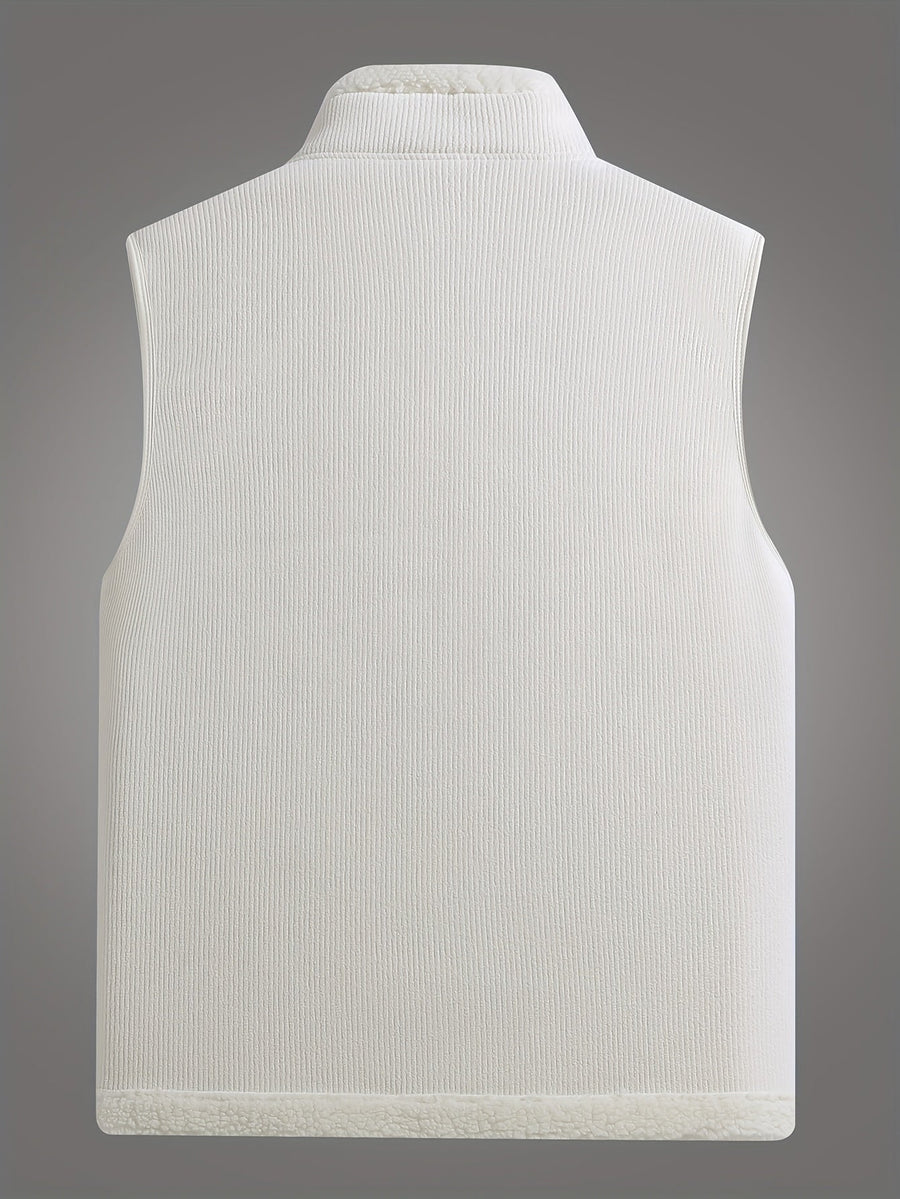 Unisex Ribbad Väst med Fleecefoder och Dragkedja, Fickor, Stående Krage