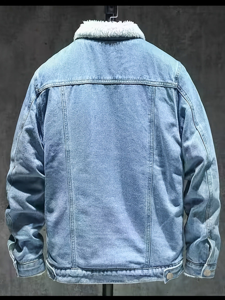 Jeansjacka med foder i teddytyg, ljusblå denim vinterjacka för män