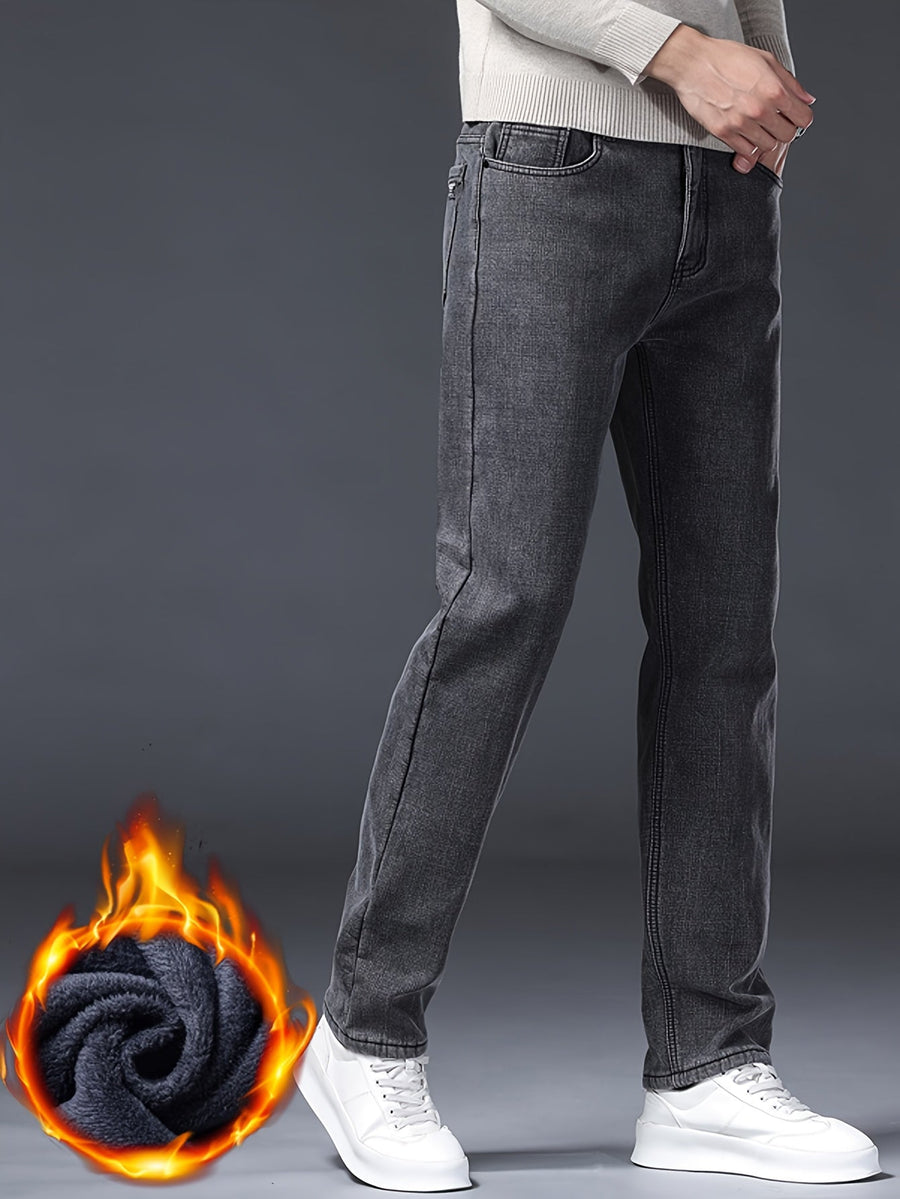Herrjeans i grå denim med fickor och bälteshällor, klassisk passform