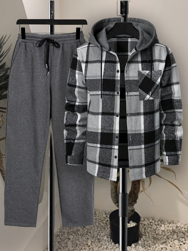 Rutig Hoodietröja med Skjortkrage och Byxor, Herrset med Långärmad Tröja och Sweatpants
