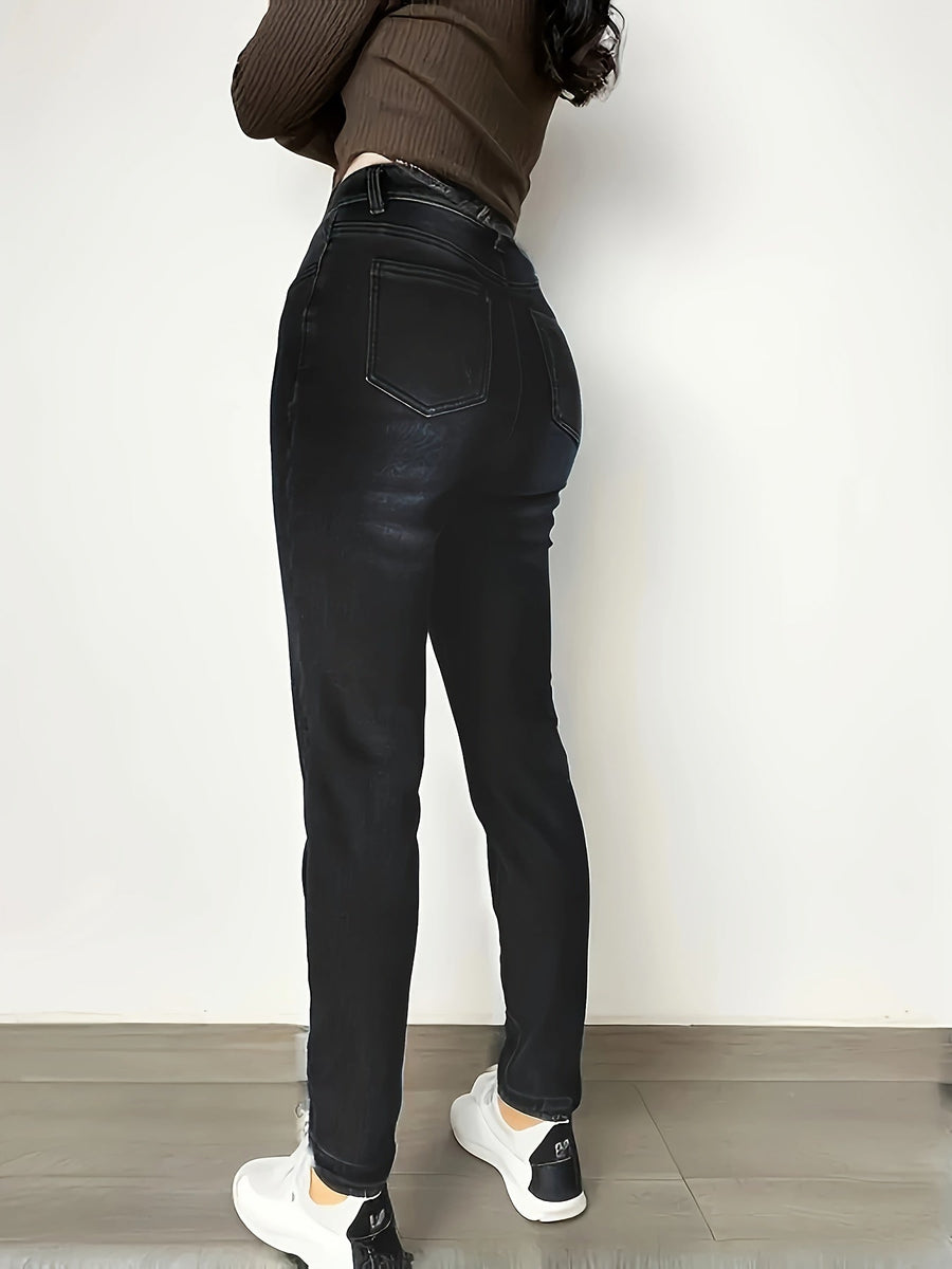 Svarta jeansleggings med foder, stretchiga termobyxor med hög midja