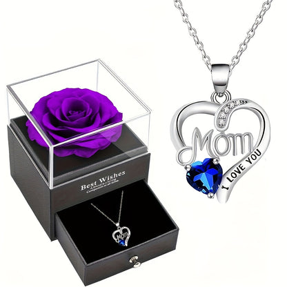 Smyckeset för Dam – Halsband med Hjärtformat 'Mom I Love You'-Hänge och Evighetsros i Presentask – Perfekt Gåva till Mamma