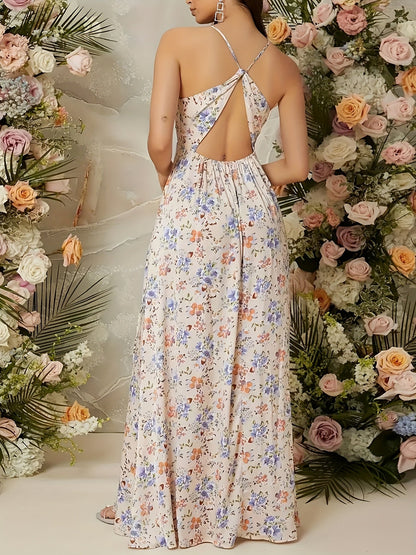 Dam Elegant Blommig Maxiklänning med Hög Slits – Perfekt för Fest och Bröllop