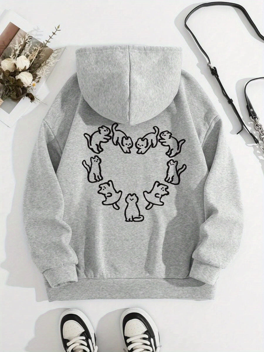 Ljusgrå hoodie med kattryck och huva för unisex