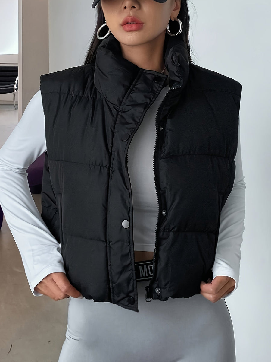 Svart Puffer Väst med Hög Krage och Dragsko