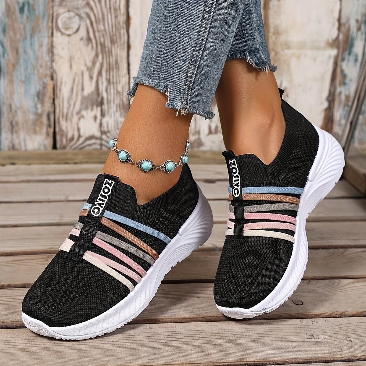 Dam Sneakers Slip-on Sportiga Vardagsskor Låg Modell – Trendig Randig Design