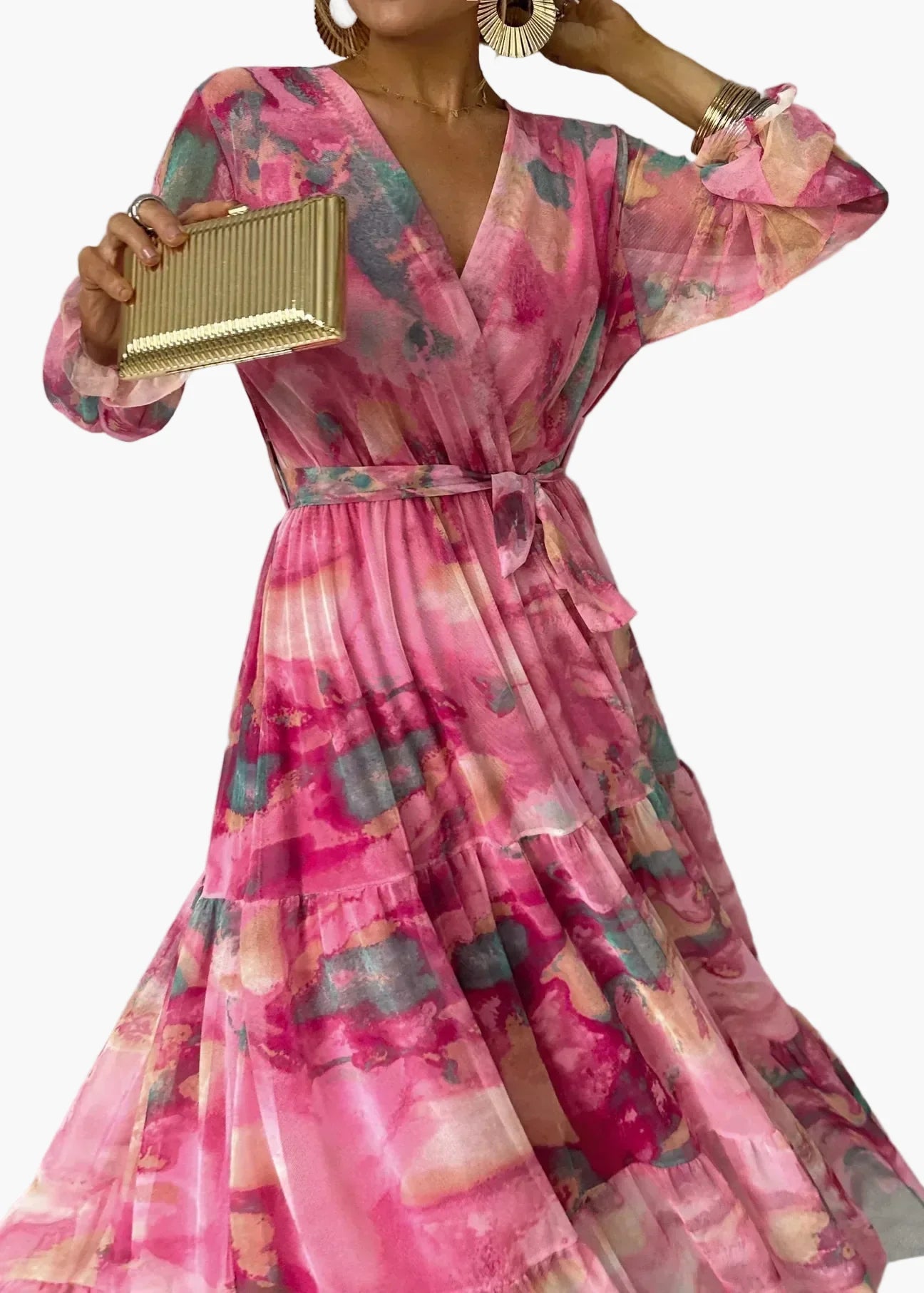 Dam Klänning Långärmad Omlott Vacker Fest Maxi Bohem Elegant Stil