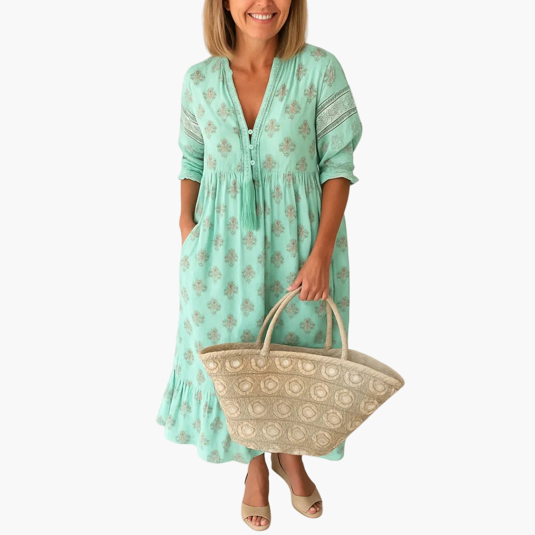 Damklänning Boho Stil Midi Avslappnad med Tryck och 3/4-Ärm för Sommar och Semester