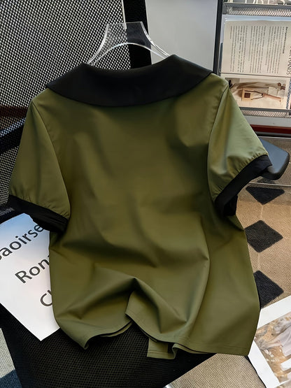 Dam Blus Elegant Kortärmad Med Krage och Knappdetaljer – Perfekt för Kontor och Vardag