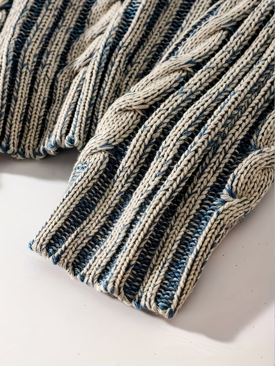 Tröja med kabelstickning och randigt mönster, blått och beige