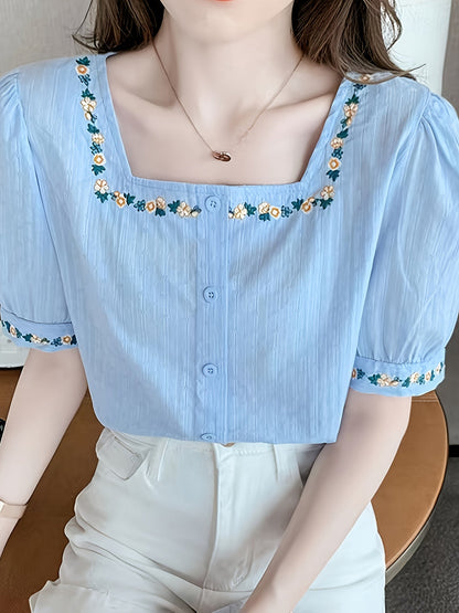 Dam Elegant Blus med Broderade Blommor och Fyrkantig Hals – Vår/Sommar Top