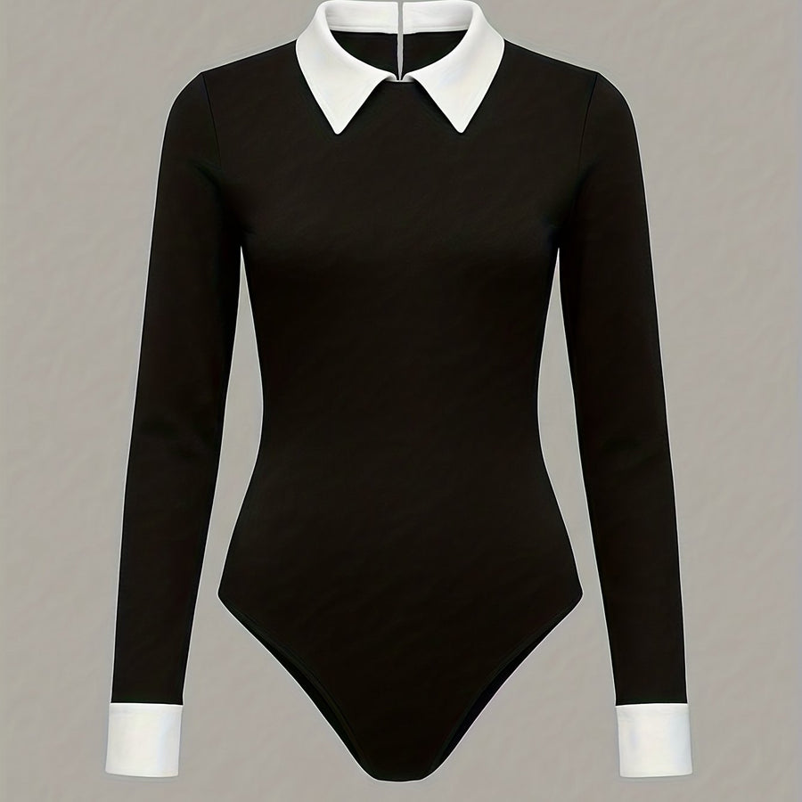 Långärmad bodysuit med kontrastkrage och manschetter för dam