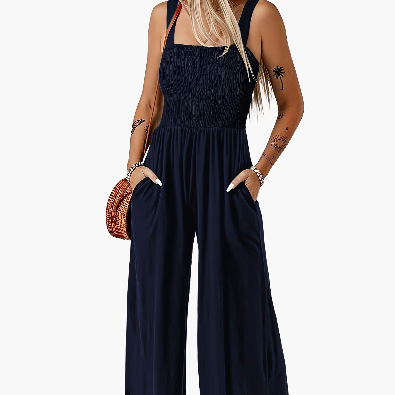 Dam Jumpsuit Elegant Smockad Byst Vid Ben Vardags- och Sommarstil