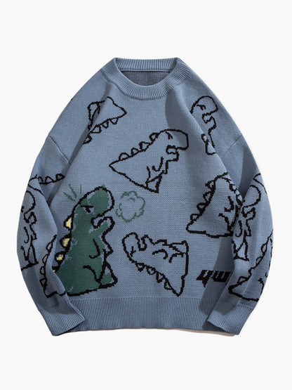 Herrtröja med tecknad dinosauriedesign, avslappnad streetwear för höst och vinter