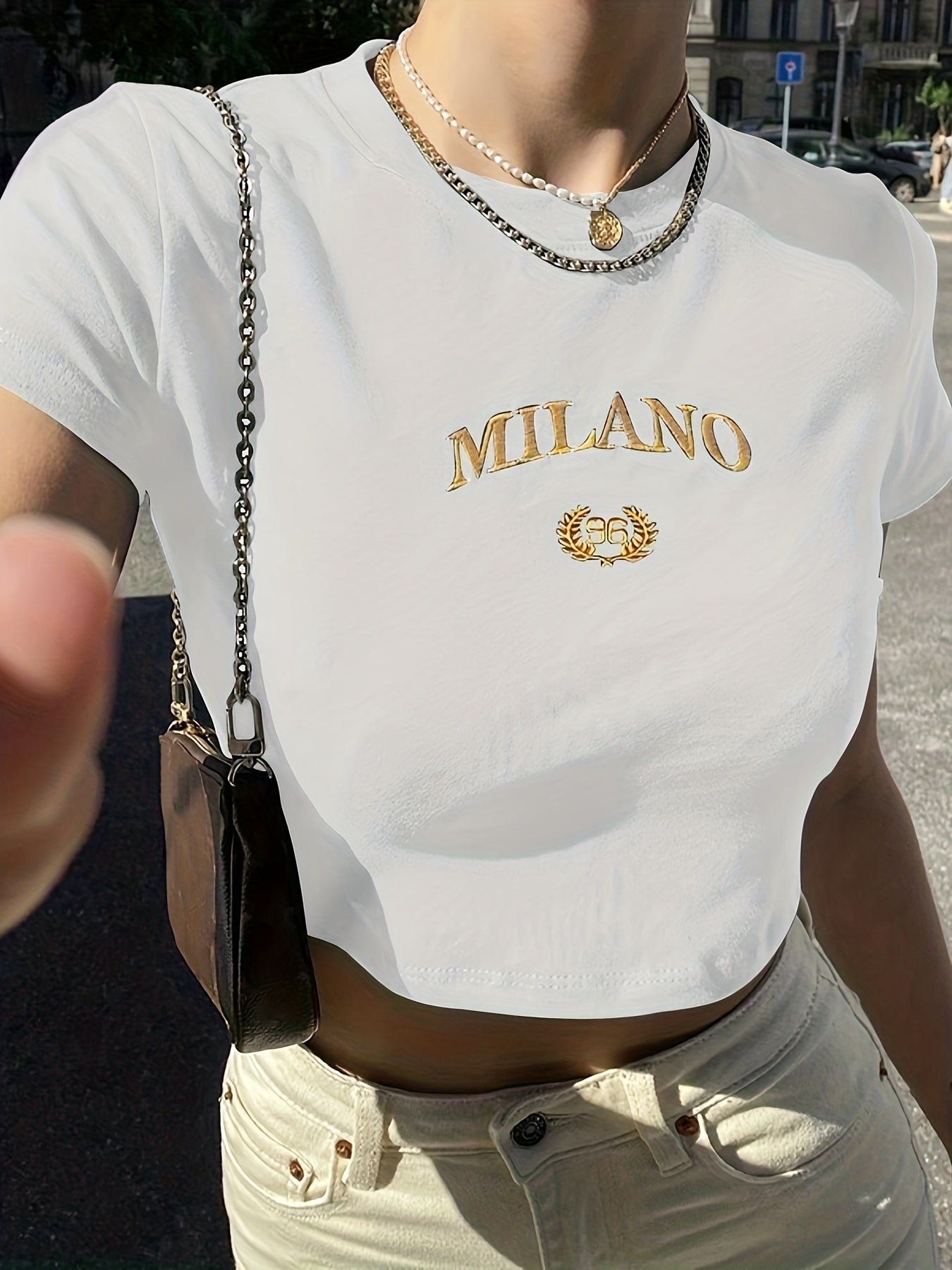 Dam T-shirt Cropped Milano Broderad Trendig Sommar Y2K