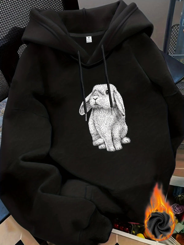 Unisex Hoodie med Kanintryck och Dragsko, Fickor, Mjukt Material
