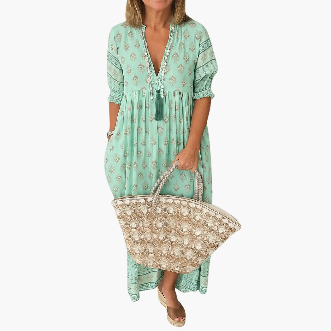 Damklänning Boho Stil Midi Avslappnad med Tryck och 3/4-Ärm för Sommar och Semester