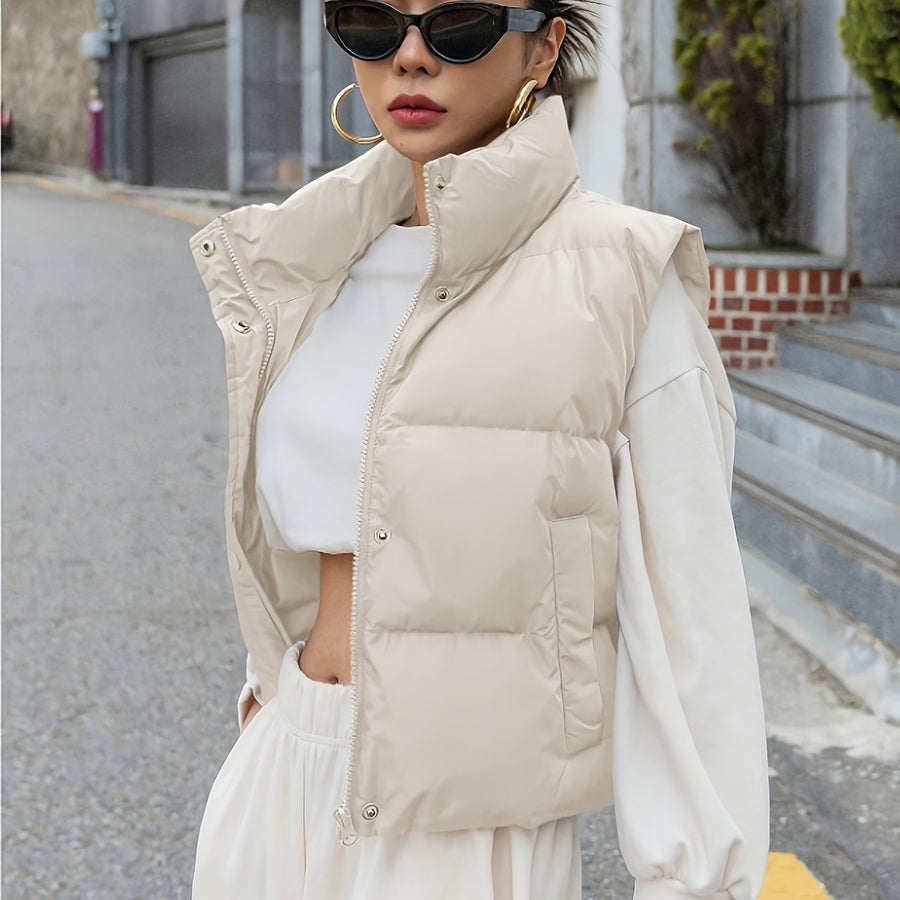 Kort Puffer Väst med Hög Krage för Dam, Beige