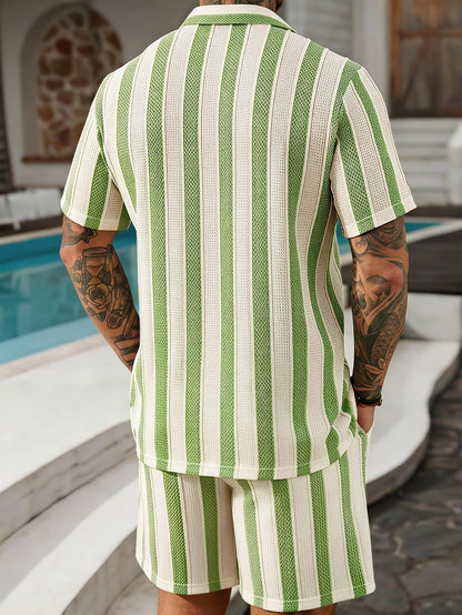 Herr Set med Kortärmad Skjorta och Shorts – Randigt, Avslappnad Sommarstil