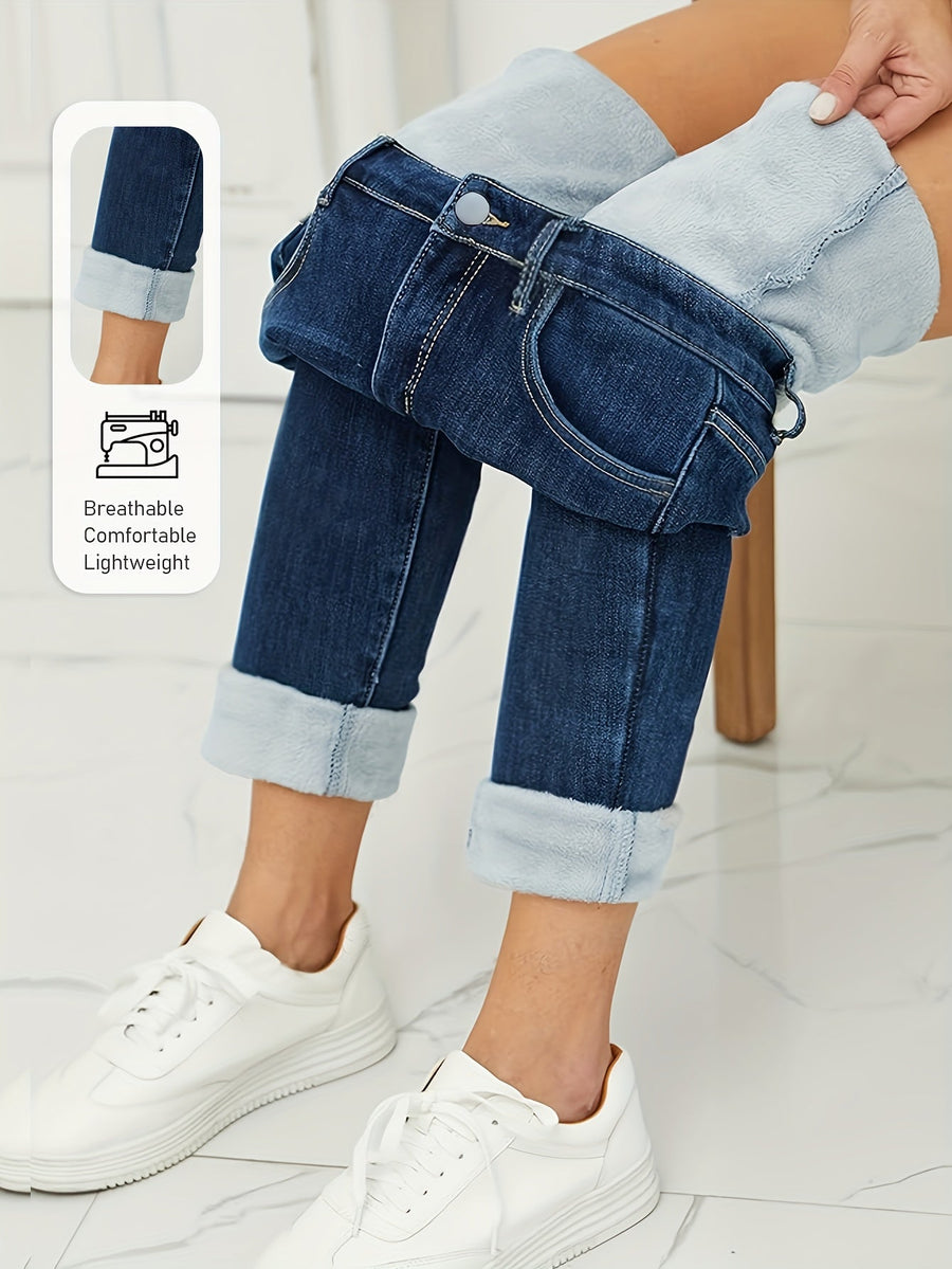 Damjeans med foder, mörkblå, slim fit, hög midja