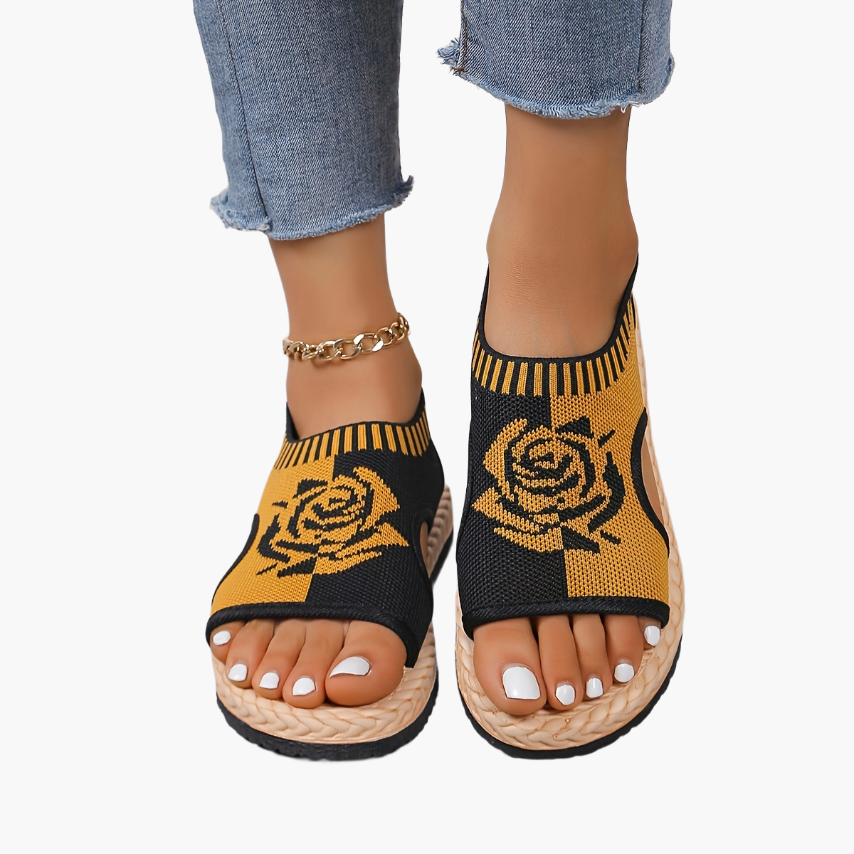 Dam Sandaler med Rosmotiv – Casual Sommarskor med Öppen Tå och Platåsula