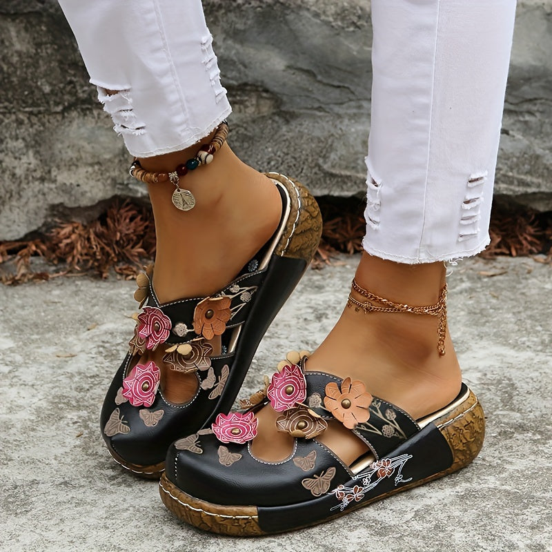 Damskor kilklack slip-in bohemisk vardagsstil med blommor och fjärilar