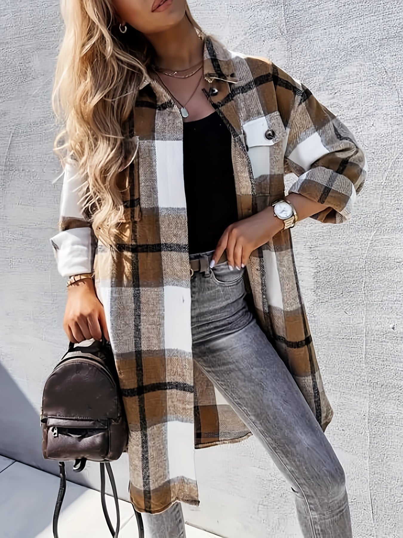 Dam Skjortjacka Lång Oversize Rutig Casual Vår/Höst