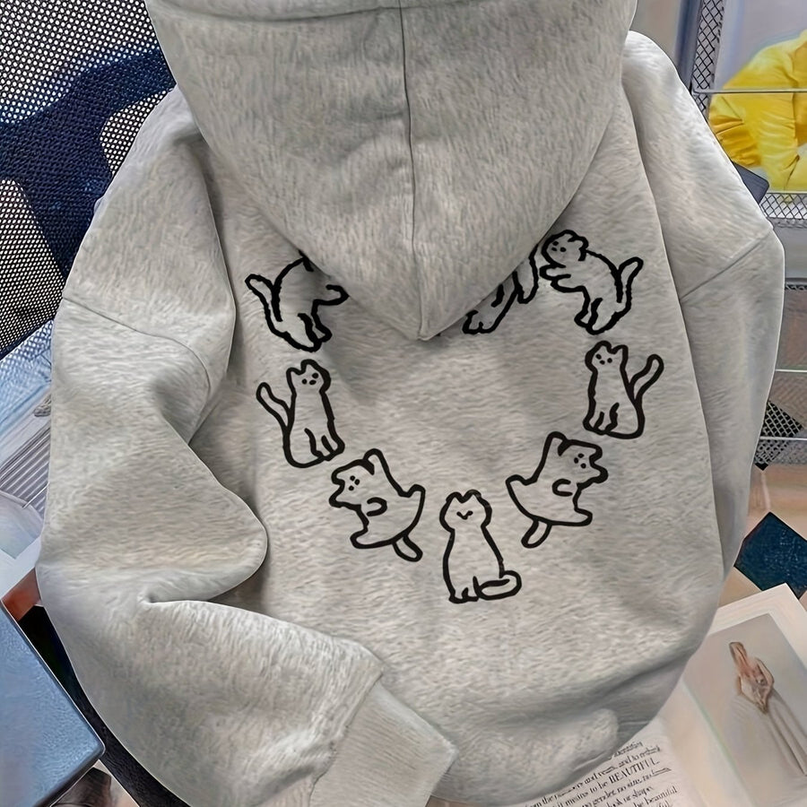 Ljusgrå hoodie med kattryck och huva för unisex