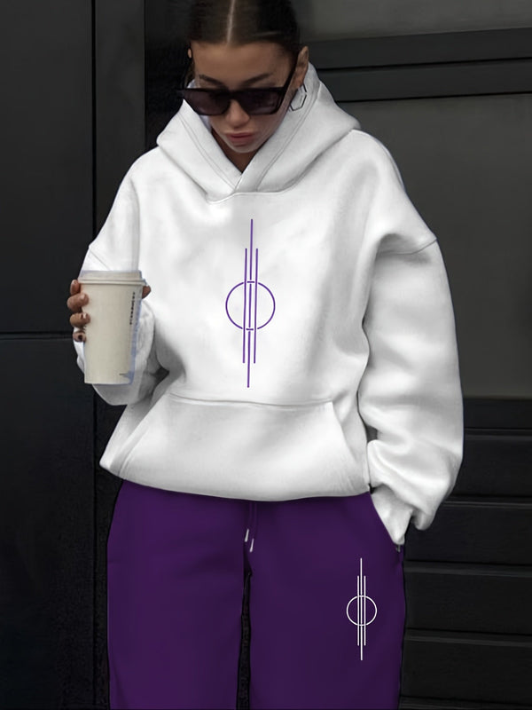 Vit Hoodie och Mjukisbyxor Set med Geometriskt Tryck