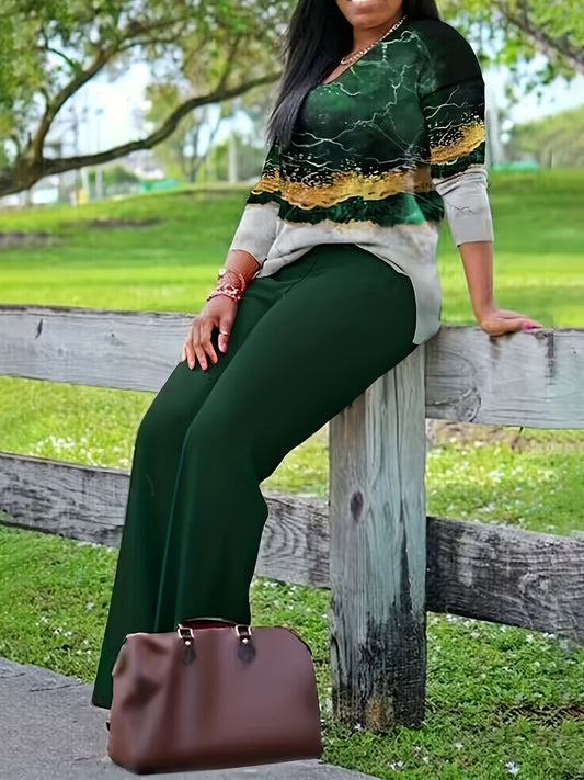 Dam Topp med Geometriskt Mönster och Vida Byxor – Elegant Vardagsoutfit för Våren och Sommaren