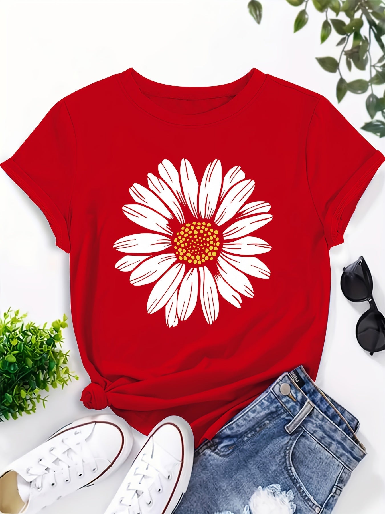 Dam T-shirt med Stor Prästkrageblomma – Avslappnad och Trendig Sommarstil