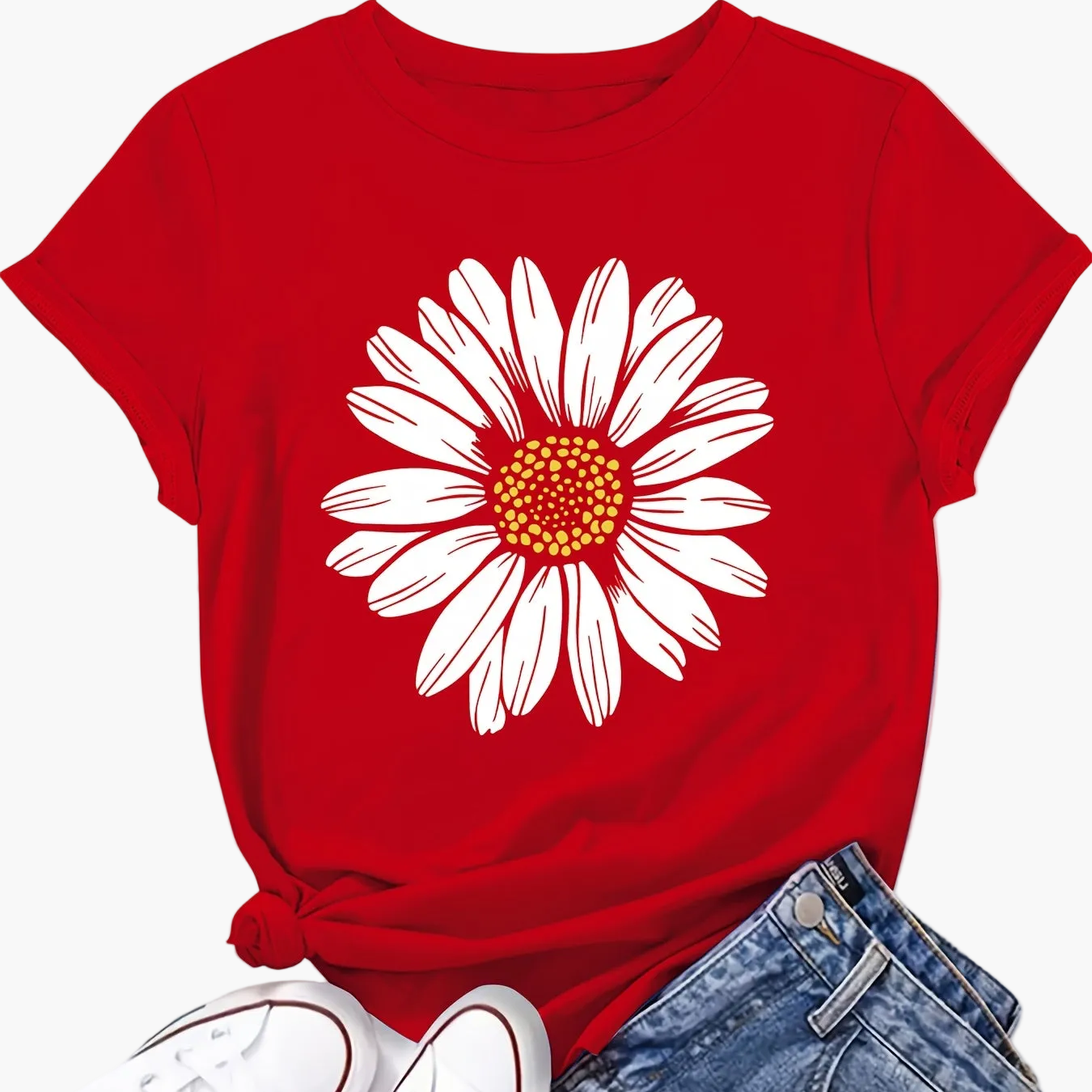 Dam T-shirt med Stor Prästkrageblomma – Avslappnad och Trendig Sommarstil