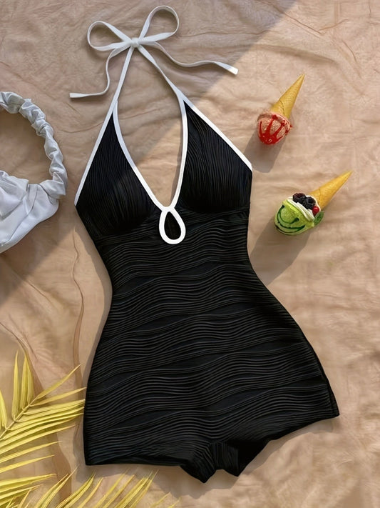 Dam Baddräkt med Halterneck och Vågmönster – Elegant Vintage Stil för Strand och Pool
