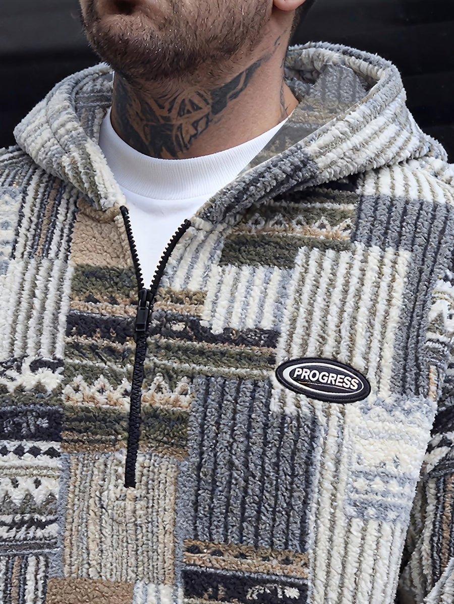 Hoodie med lapptäcksmönster och dragkedja i mjukt material