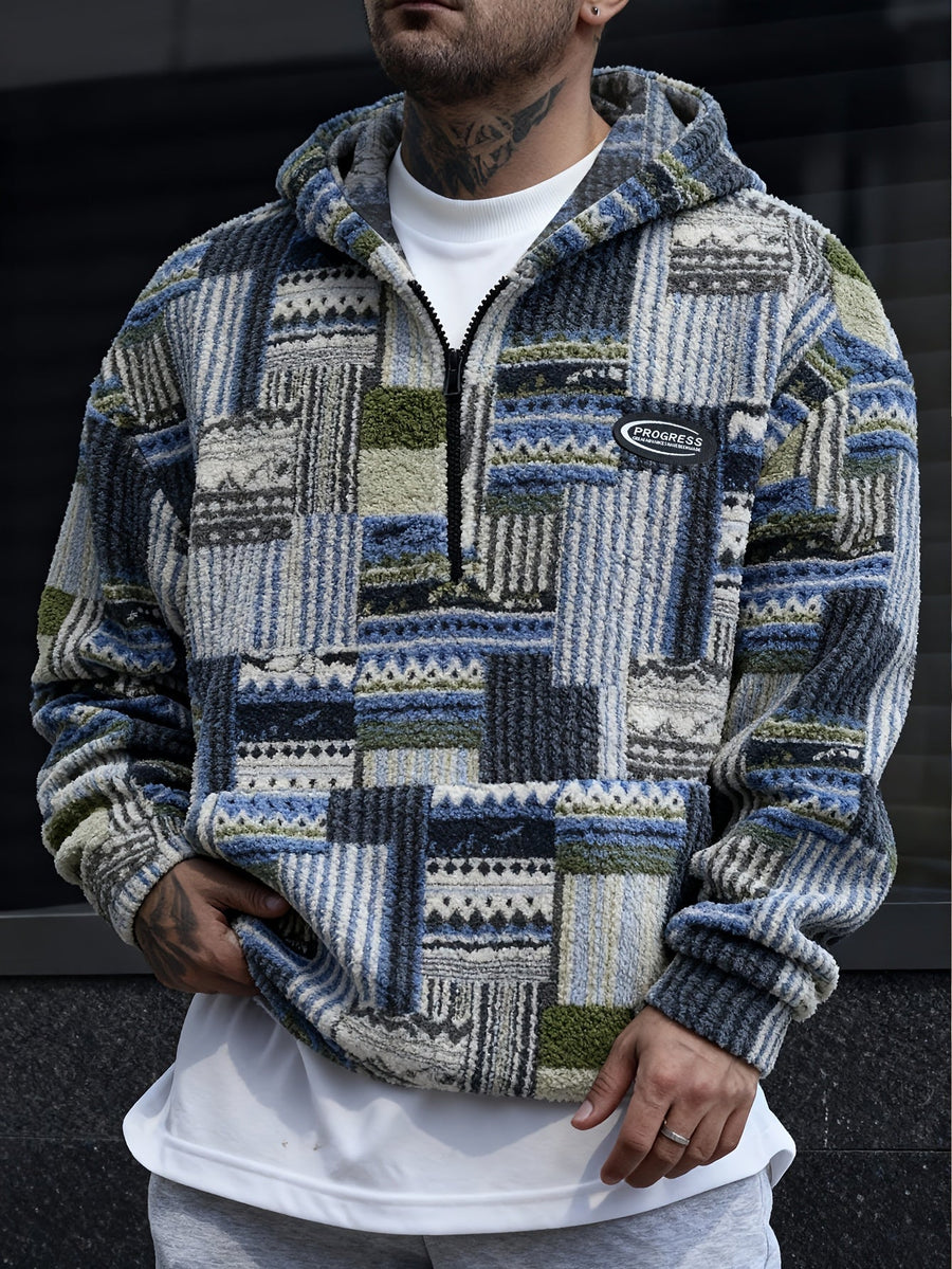 Hoodie med lapptäcksmönster och dragkedja i mjukt material