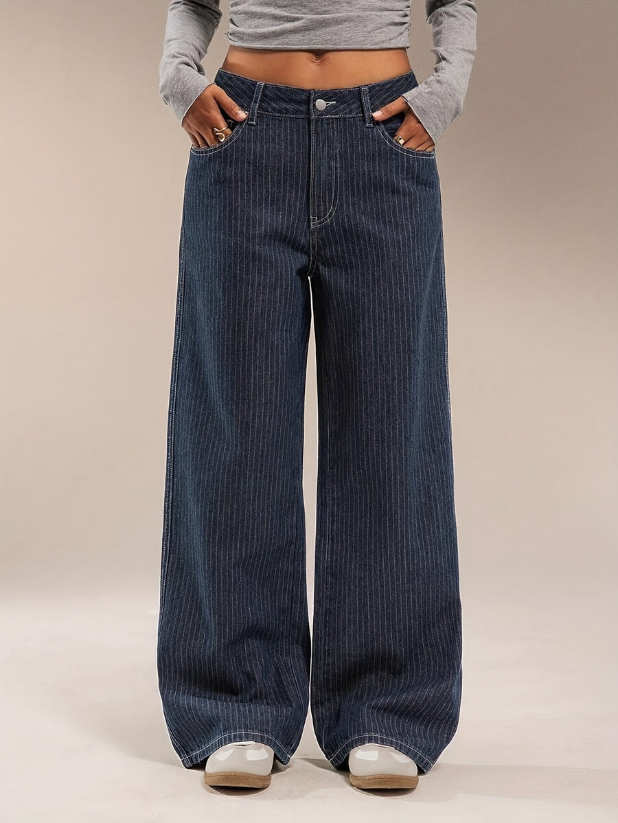 Mörkblå Ränder Vida Jeans för Dam