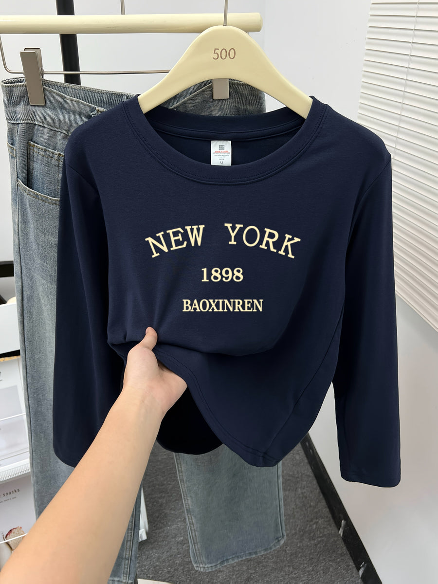 Dam T-shirt med tryck Långärmad Rundhals Fyrfärg