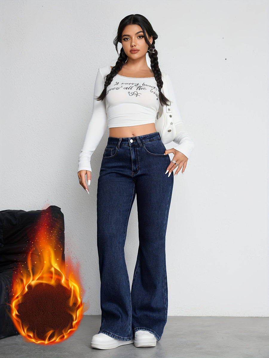 Mörkblå utsvängda damjeans med hög midja