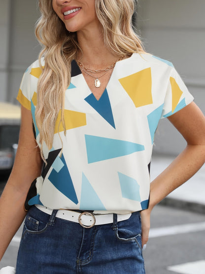 Dam Blus Geometriskt Mönster V-ringad Elegant Sommarblus Kontorsstil