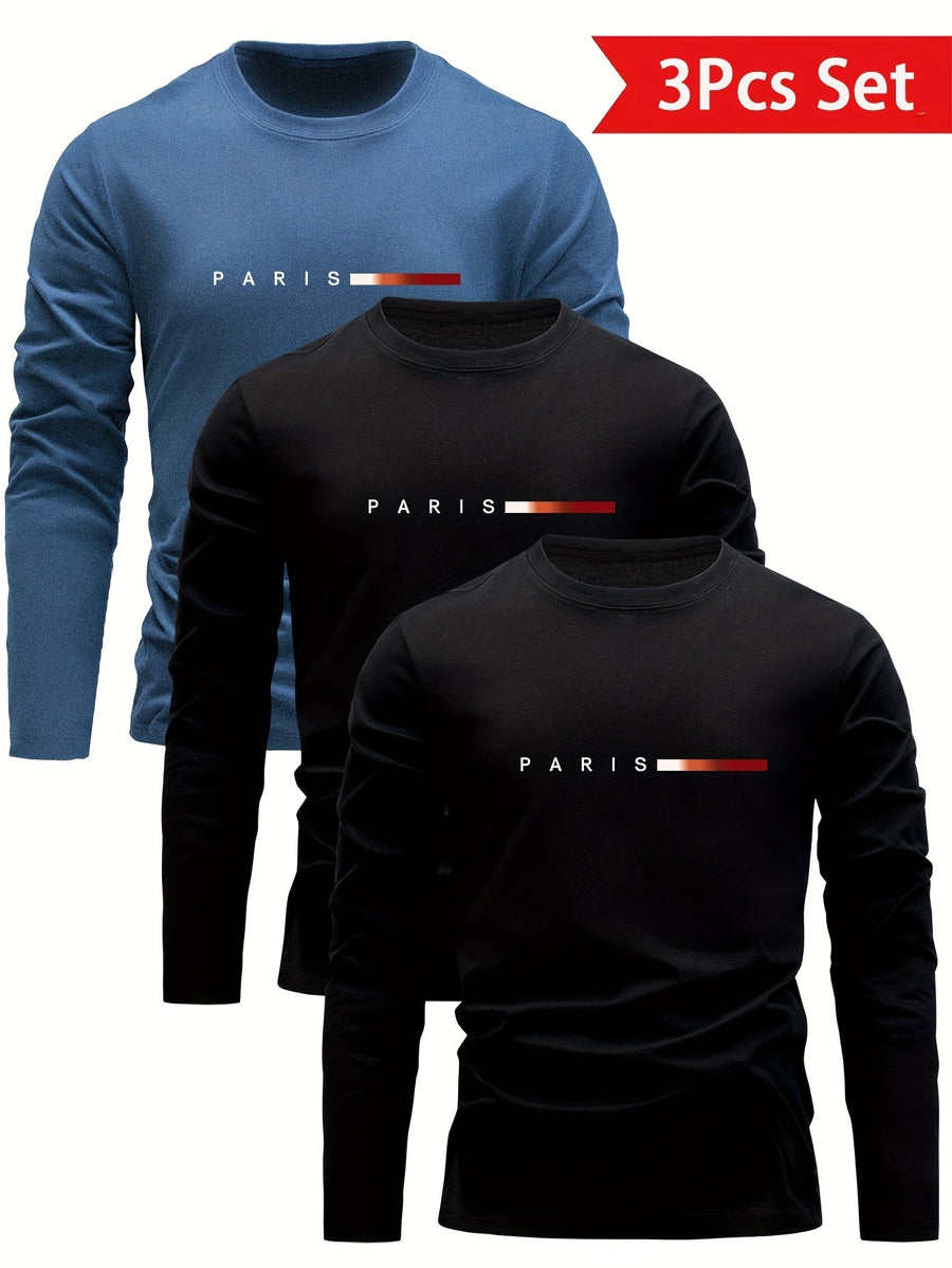 Set om 3 långärmade T-shirts med "PARIS" tryck - Grå, Vit och Svart