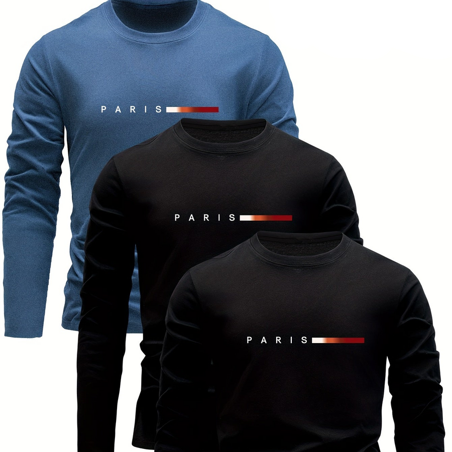 Set om 3 långärmade T-shirts med "PARIS" tryck - Grå, Vit och Svart