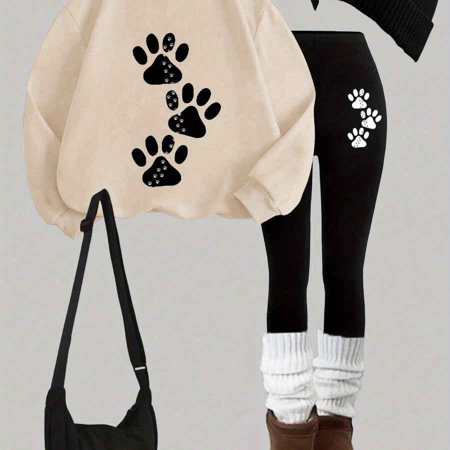 Set med sweatshirt och leggings med tassavtryck